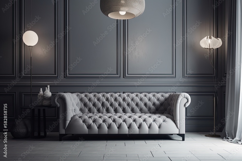 Poster Classical interior with a plush sofa and decorative lighting. Wall for the mockup. Generative AI