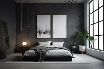 Front view of a dark bedroom with a bed, a coffee table, a large window, a houseplant, and a concrete floor. Two empty white posters are also present. minimalist design principle. creative thought a m