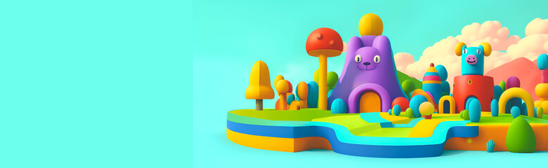 cartoon fairy tale village, colorful surrealist 3d fantasy island, banner design, isolated on blue background. Air balloons in the sky. Generative AI