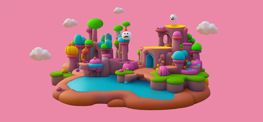 Obraz premium cartoon fairy tale village, colorful surrealist 3d fantasy island, banner design, isolated on pink background. Air balloons in the sky. Generative AI