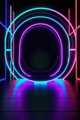 Neon lamp stage background. Glowing futuristic product display stand podium Against Background, neon geometric shape for product display presentation.
