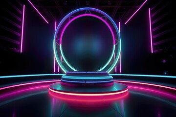 Neon lamp stage background. Glowing futuristic product display stand podium Against Background, neon geometric shape for product display presentation.