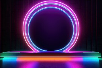 Fototapeta premium Neon lamp stage background. Glowing futuristic product display stand podium Against Background, neon geometric shape for product display presentation.