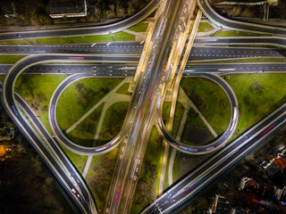 Fototapeta na wymiar Aerial view of large road intersection, night landscape.