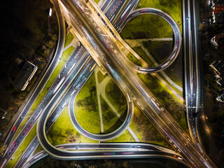 Aerial view of large road intersection, night landscape.