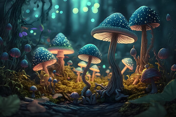 Fototapeta na wymiar Beautiful blue mushrooms in a magical forest. Illustration. AI generation.