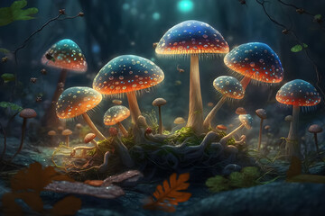 Fototapeta na wymiar Magical mushrooms in a magical forest. Illustration. AI generation.