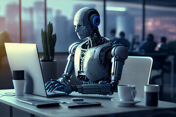 Fototapeta premium Chat bot assistant, Robot online assistance and machine customers support on desk with computer, robot working chatbot texting, coding or developing project, Generative AI
