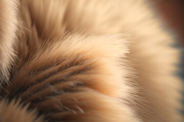 Beautiful natural fur of red squirrel, macro closeup of fluffy animal hair for background design. Generative AI. 
