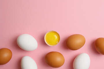 fresh farm chicken eggs on a colored background