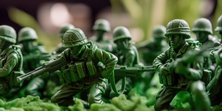 Green plastic toy soldiers in the middle of a war, generative ai