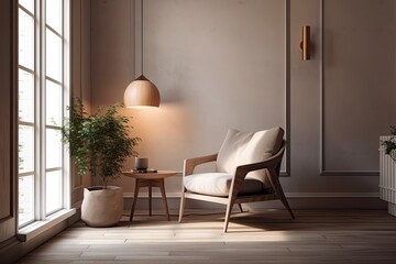 Interior design of a contemporary room with a chair, pillows, table, lamp, and plant in a white pot. Generative AI