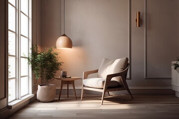 Fototapeta premium Interior design of a contemporary room with a chair, pillows, table, lamp, and plant in a white pot. Generative AI