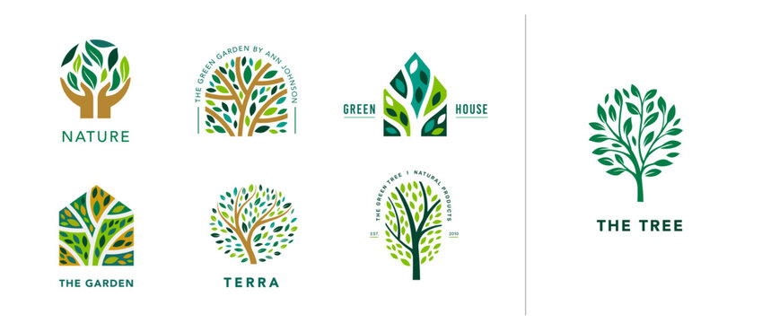 Tree logo collection. Luxury logo templates . Tree of life branch with leaves, green house, nature concept