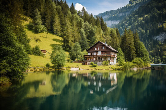 swiss landscape with house, lake, mountains and pine trees, AI generative