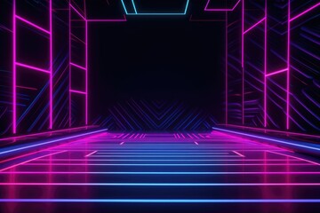Neon lamp stage background. Glowing futuristic product display stand podium Against Background, neon geometric shape for product display presentation.