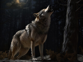 lone wolf howling, evocative nighttime wilderness image, strength and independence, generative AI