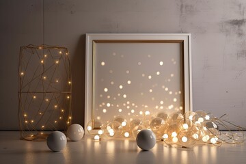 Glass ball filled with confetti, mockup of a golden frame, and string of Christmas lights. Photo of a new year poster product design. empty frame mockup next to a wall of white concrete. Generative AI