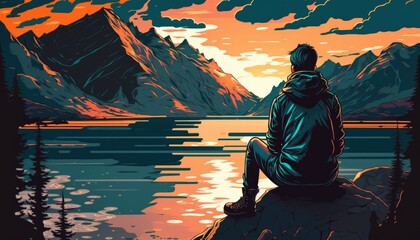 man in front a lake, illustration, generative ai