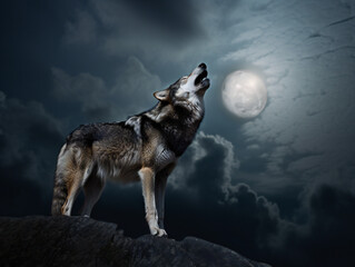 wolf howling at the moon, wilderness night scene, majestic predator in natural habitat, generative AI