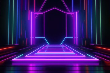Fototapeta premium Neon lamp stage background. Glowing futuristic product display stand podium Against Background, neon geometric shape for product display presentation.