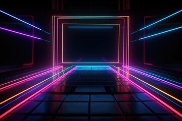 Fototapeta premium Neon lamp stage background. Glowing futuristic product display stand podium Against Background, neon geometric shape for product display presentation.