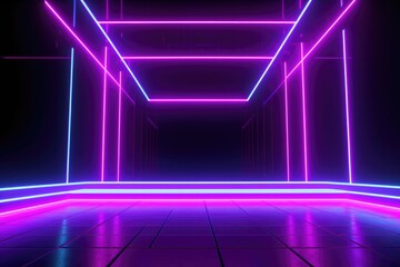 Fototapeta premium Neon lamp stage background. Glowing futuristic product display stand podium Against Background, neon geometric shape for product display presentation.