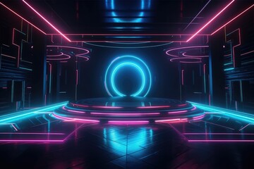 Neon lamp stage background. Glowing futuristic product display stand podium Against Background, neon geometric shape for product display presentation.