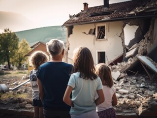 The family is looking at their house destroyed by an earthquake. generative ai