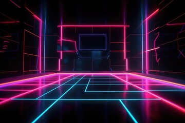Neon lamp stage background. Glowing futuristic product display stand podium Against Background, neon geometric shape for product display presentation.