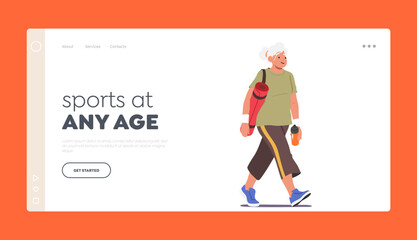Elderly in Sport Landing Page Template. Senior Female With Yoga Mat Walking to Gym. Old Woman Lead A Healthy Lifestyle