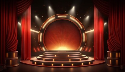 Stage for a show or TV entertainment with microphone, stairs, red curtains, spotlights, illumination and decor. Generative ai