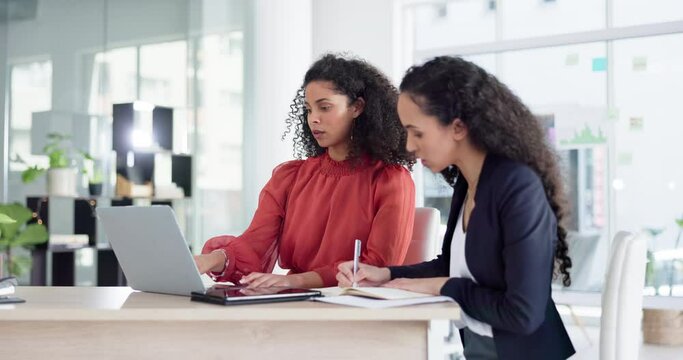 Laptop, collaboration and business women in office for creative, planning and marketing idea. Teamwork, proposal and female team with online project, review or kpi data analysis for startup company