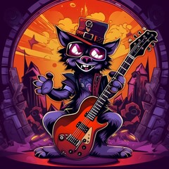 Cartoon Styled Raccoon Rock Star Playing on Guitar Illustration for Stock, Generative AI