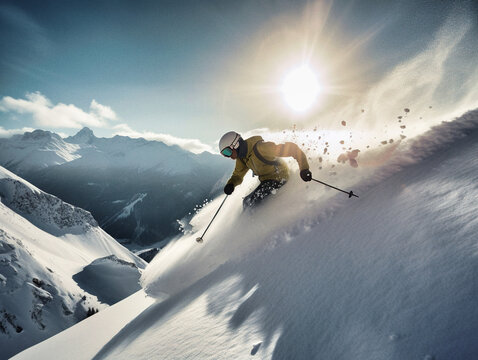 An off-piste skier descending a steep slope in front of a beautiful mountain landscape in winter, free ride, backcountry skiing - generative AI