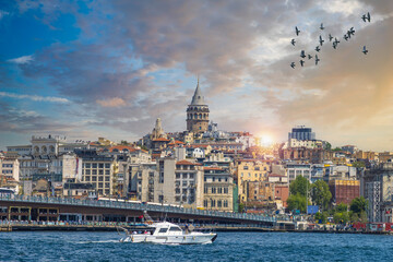 Bosphorus strait in Istanbul, Bosporus tour boats and views of Istanbul mosques and historic center.