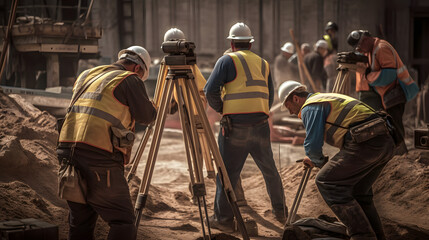 Obraz na płótnie Canvas A surveying crew measuring and mapping a construction site. AI Generated