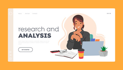 Research and Analysis Landing Page Template. Student Girl Character Seated At Desk, Surrounded By Book, Laptop, Coffee