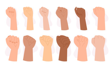 Set of Powerful Hand Gesture That Signifies Resistance, Rebellion Or Protest. Raised Human Fists of Diverse Skin Colors
