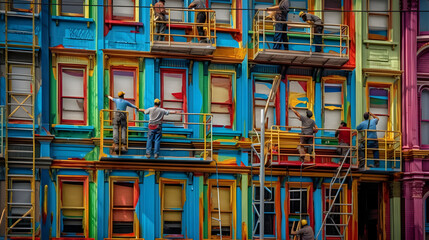 A vibrant, colorful, and lively image of a paint crew adding the finishing touches to a building. AI Generated