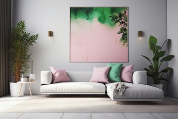 Corner view of a white sofa with green and pink cushions in a room with a blank poster on the wall. Generative AI