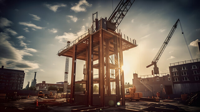 A tower crane lifting a massive steel beam into place on a construction site. AI Generated