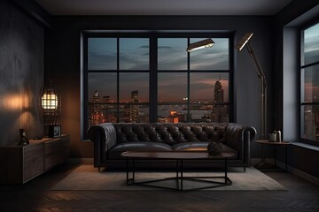 The interior of a relaxing room features a dark corner sofa, a coffee table with a laptop, a panoramic window with city views, lamps with books, and carpet and tile flooring. Wall with no copy space