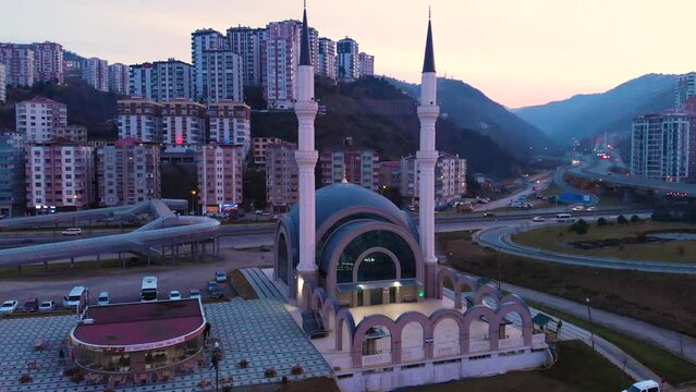 4k Aerial view of the new modern mosque in Trabzon city 