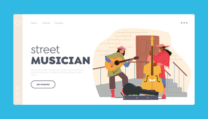Street Musicians Landing Page Template. People Perform Outdoor Show Playing Guitar and Double Bass Cartoon Illustration