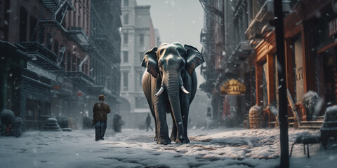 Obraz na płótnie Canvas Elephant walking in snowy city,generative ai