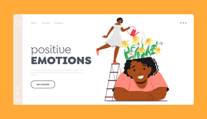 Positive Emotions Landing Page Template. Mental Health Concept. Woman Watering Flowers Growing in Female Head