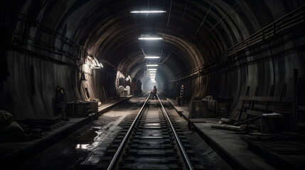 Obraz na płótnie Canvas A dark and subtle litting tunnel under construction, AI Generated