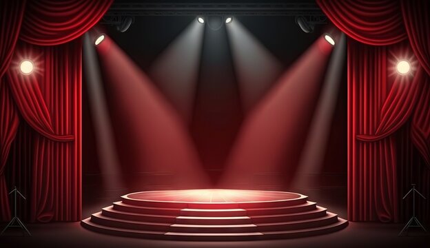 Stage for a show or TV entertainment with microphone, stairs, red curtains, spotlights, illumination and decor. Generative ai