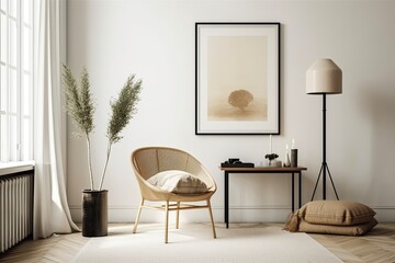 A trendy living room with a cream wall and an empty vertical picture frame. interior design mockup in a modern, Scandinavian design. Picture space is available. a console, a vase of flowers, and a cha